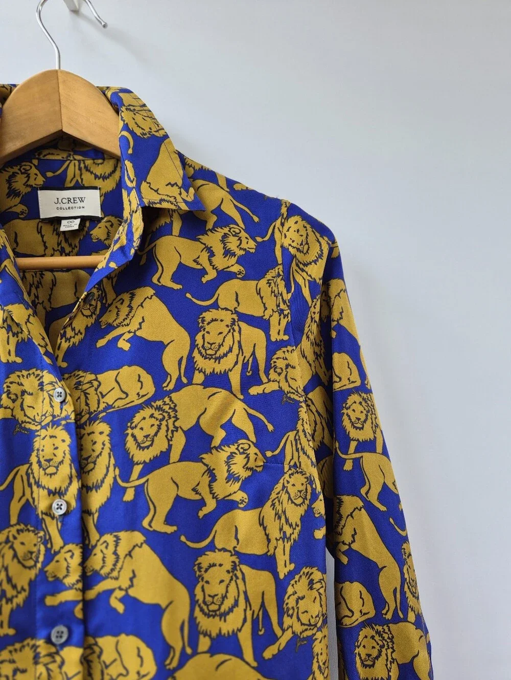 J.Crew Collection Silk Twill Button Up Shirt Sleepy Lions Size 00 Animal Print